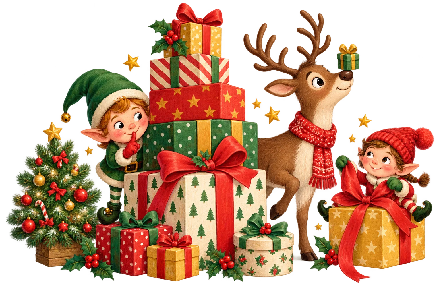 Two cheeky elves wrap presents while a reindeer balances a gift on its nose